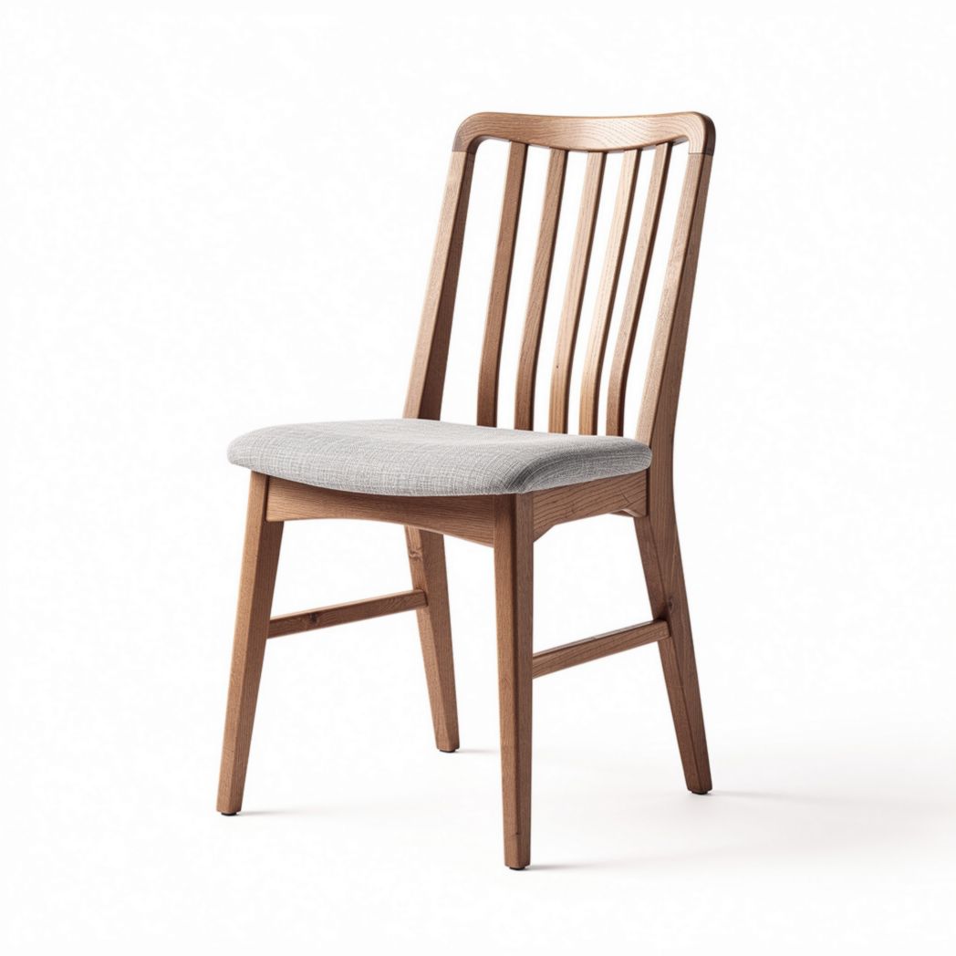 Eikenhouten stoel met grijze stoffen zitting en afmetingen 45 x 45 x 85cm