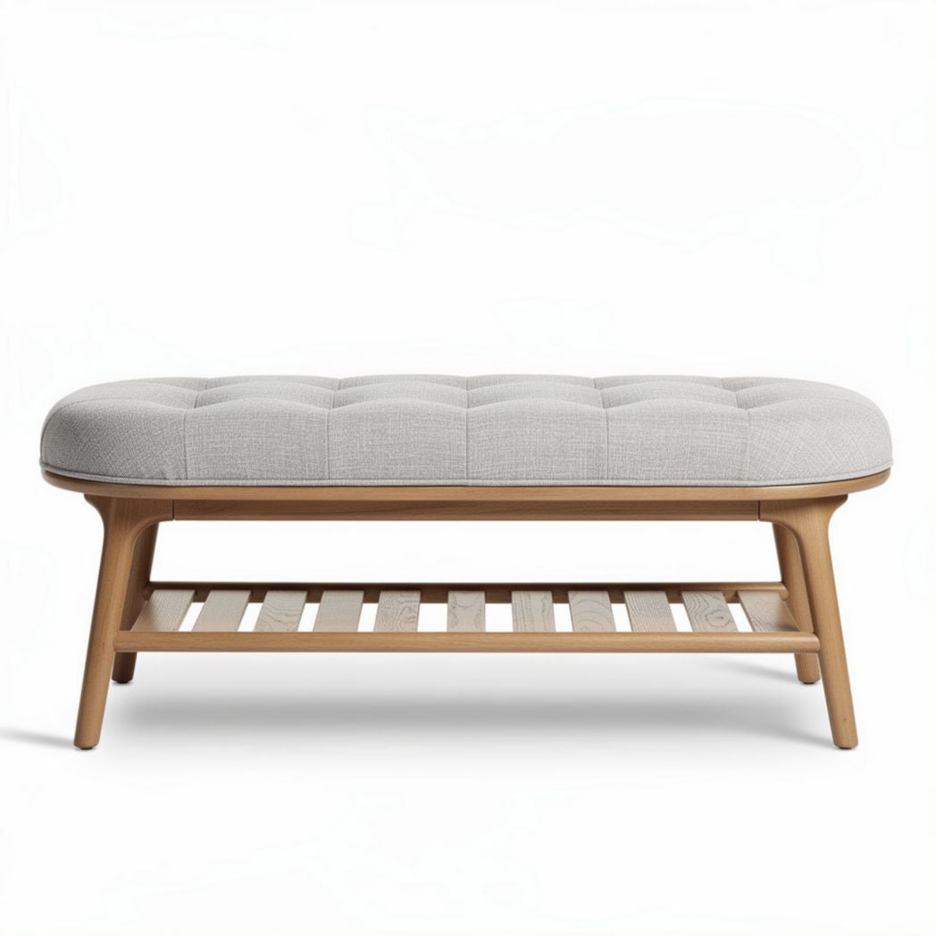Houten bank met stoffen kussen en open opslagruimte 120 x 50 x 45cm