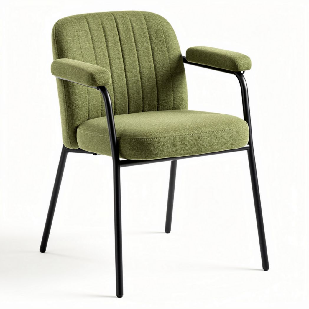 Groene stof eetkamerstoel met zwarte metalen poten en armleuningen 55 x 55 x 80cm